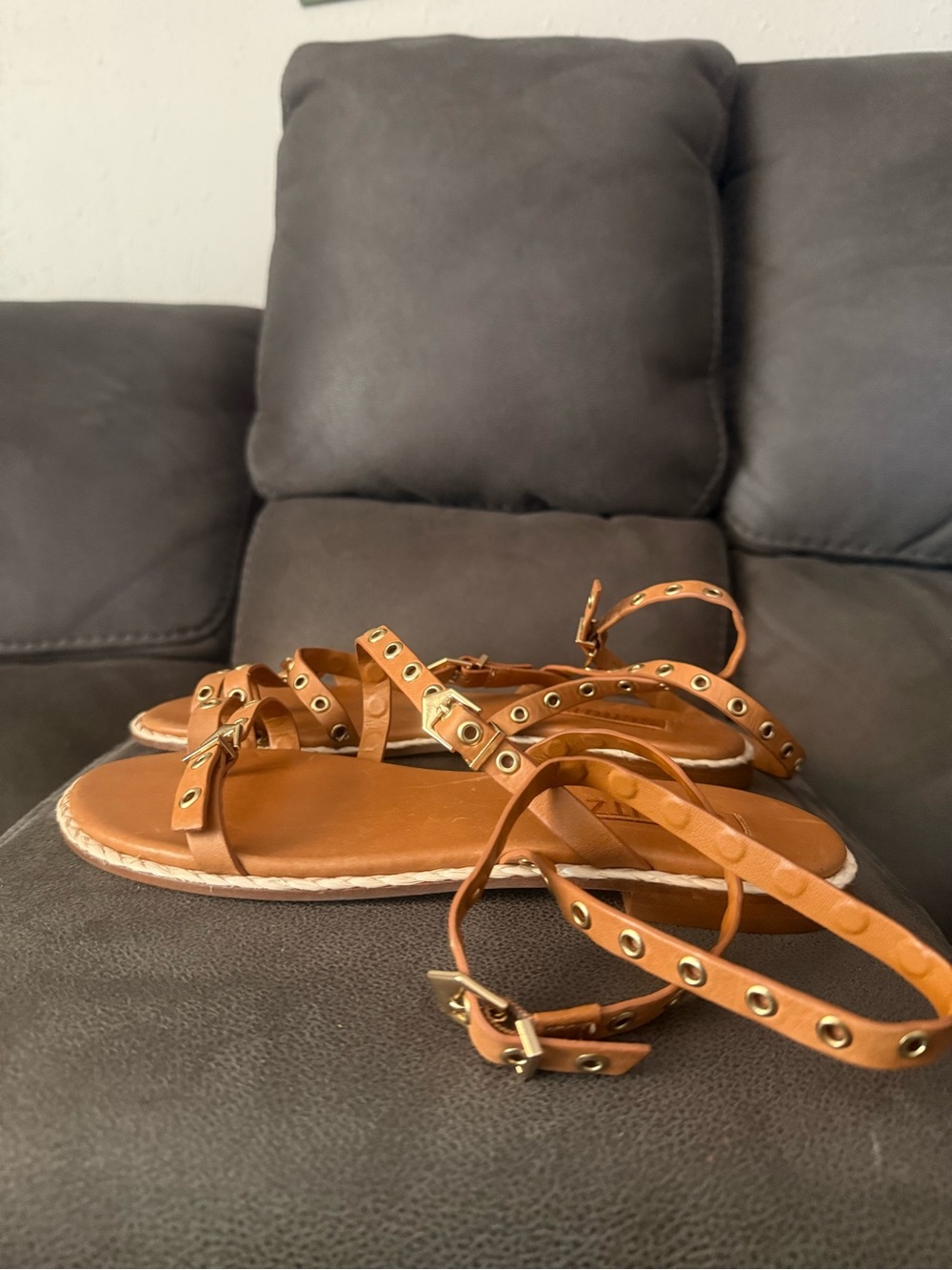 Schutz Studded Ankle-Strap Leather Sandals - Tan size7 - Picture 6 of 7